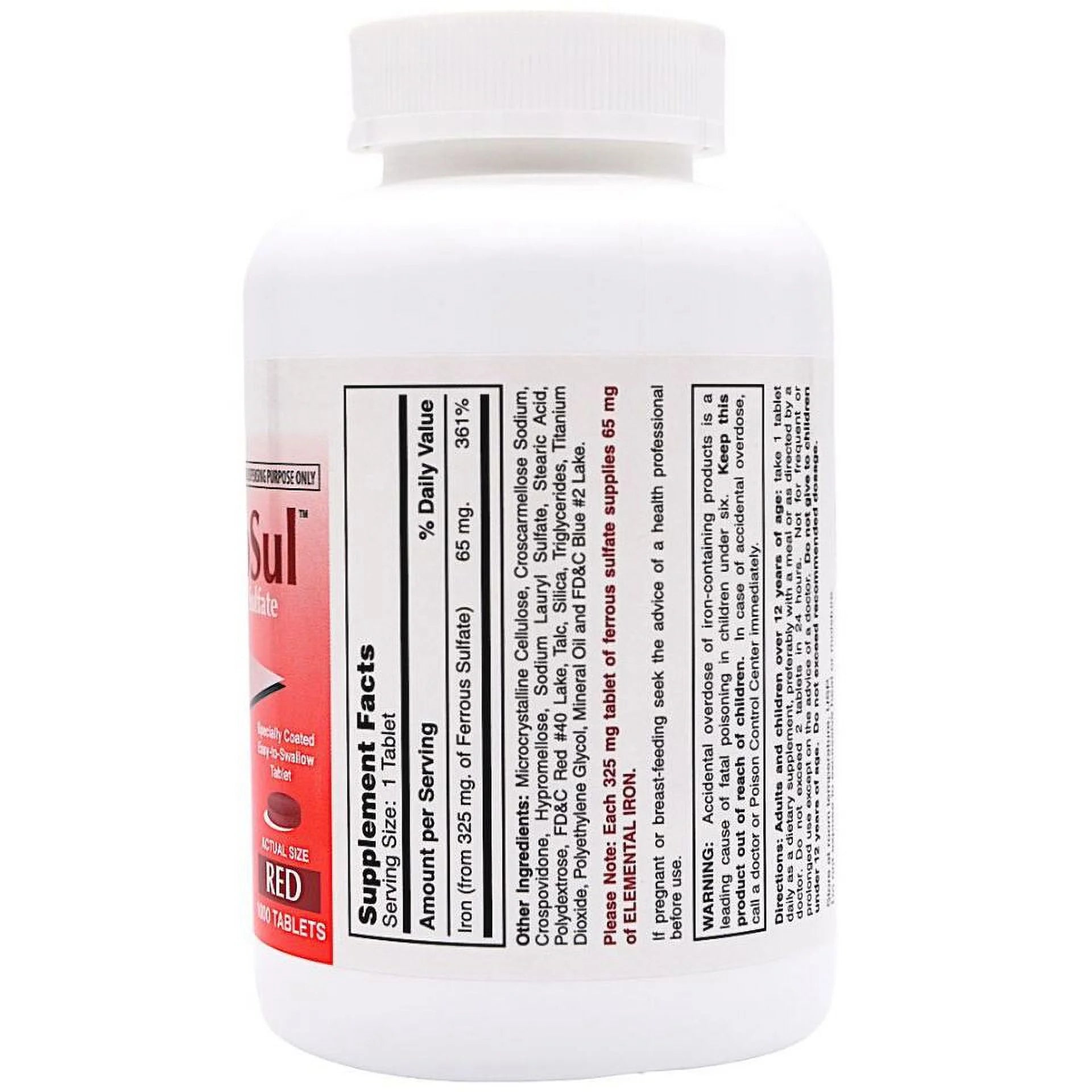 Ferrous Sulfate Iron Supplement 325 mg - 1000 Tablets K939565