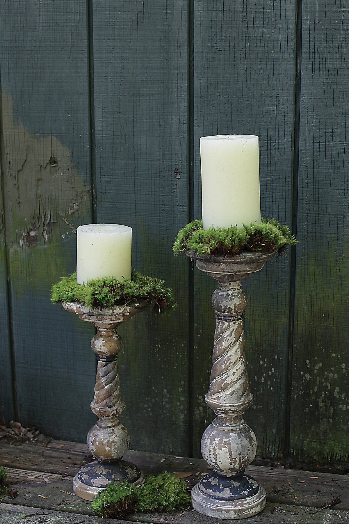 Distressed Black Turned Wood Pillar Candleholder E18854