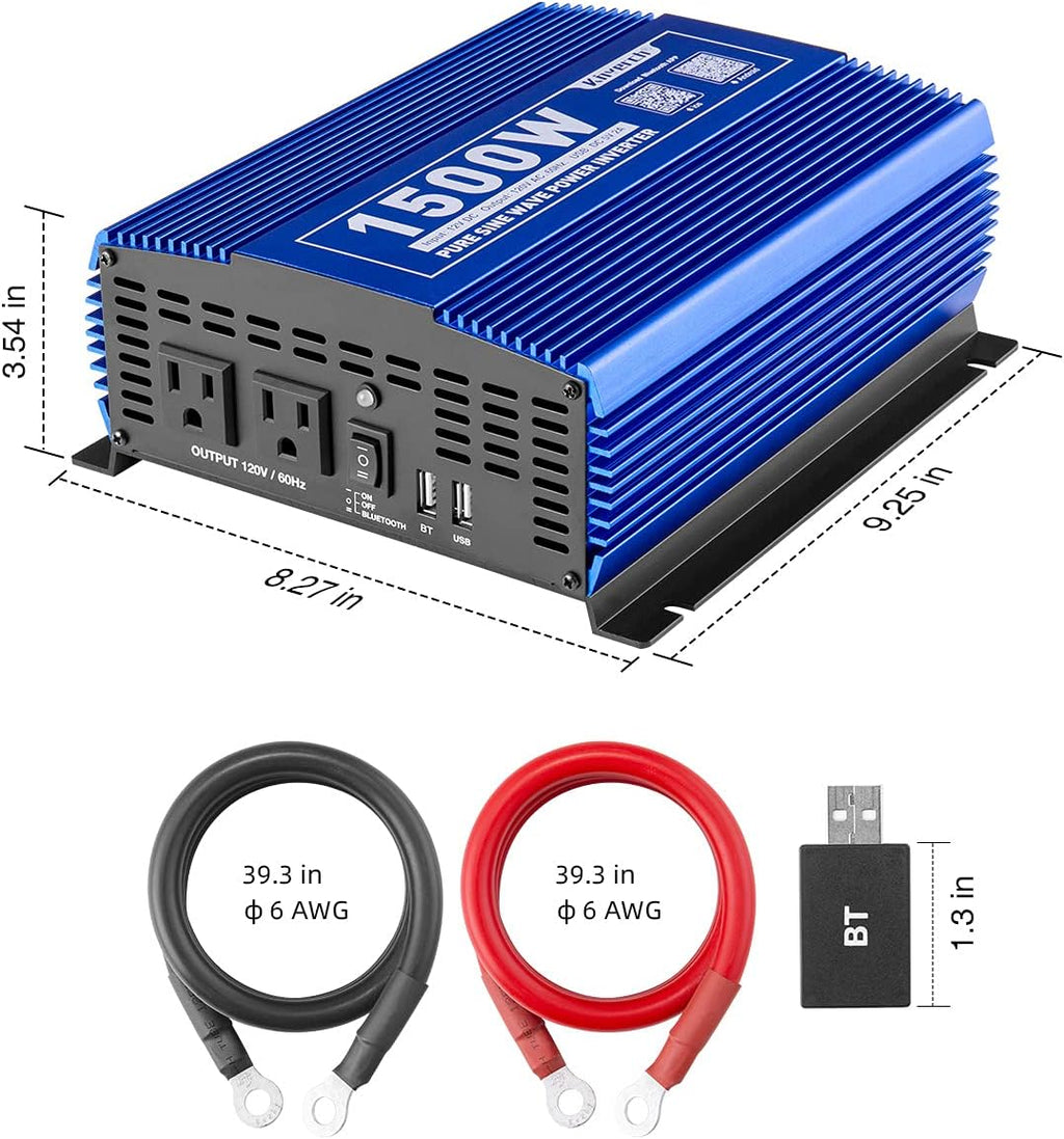3000W Pure Sine Wave Power Inverter 12V DC to 110V AC Car Inverter with Bluetooth 4 AC Outlets 2 USB Ports E7407