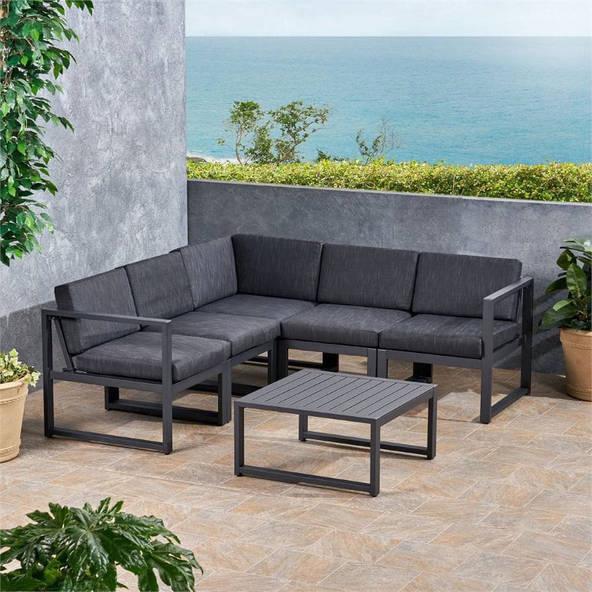 6 Piece Outdoor Aluminum Sectional Sofa Set in Dark Gray Y584