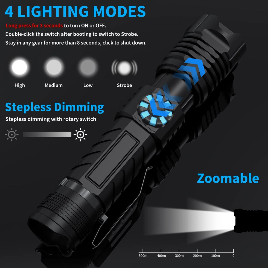 Rechargeable Tactical Flashlight, 100000 Lumens, Waterproof, Zoomable A9962