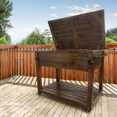 100-Quart Wooden Patio Cooler with Wheels T833322