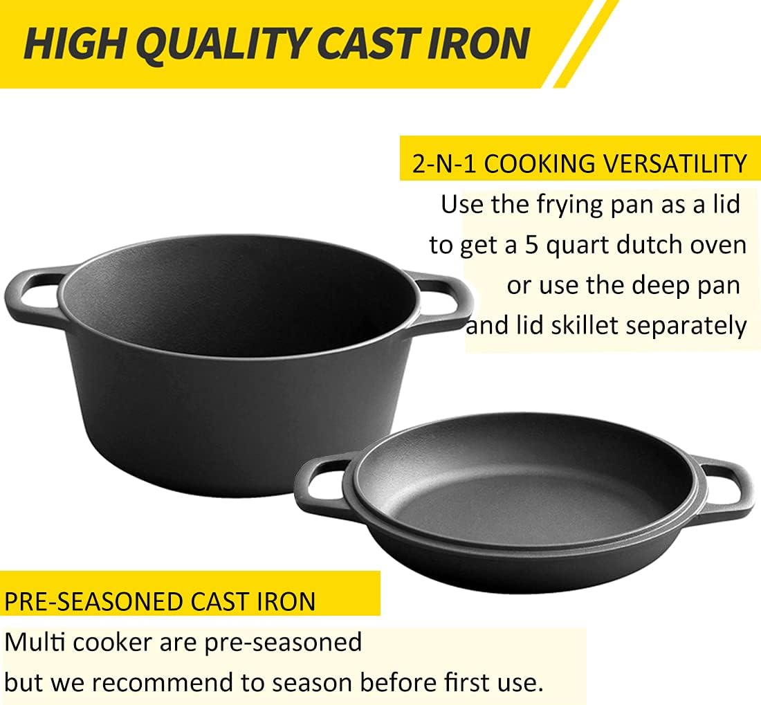 2-In-1 Pre-Seasoned Cast Iron Dutch Oven Set, 5-Quart Pack of 2 V539375