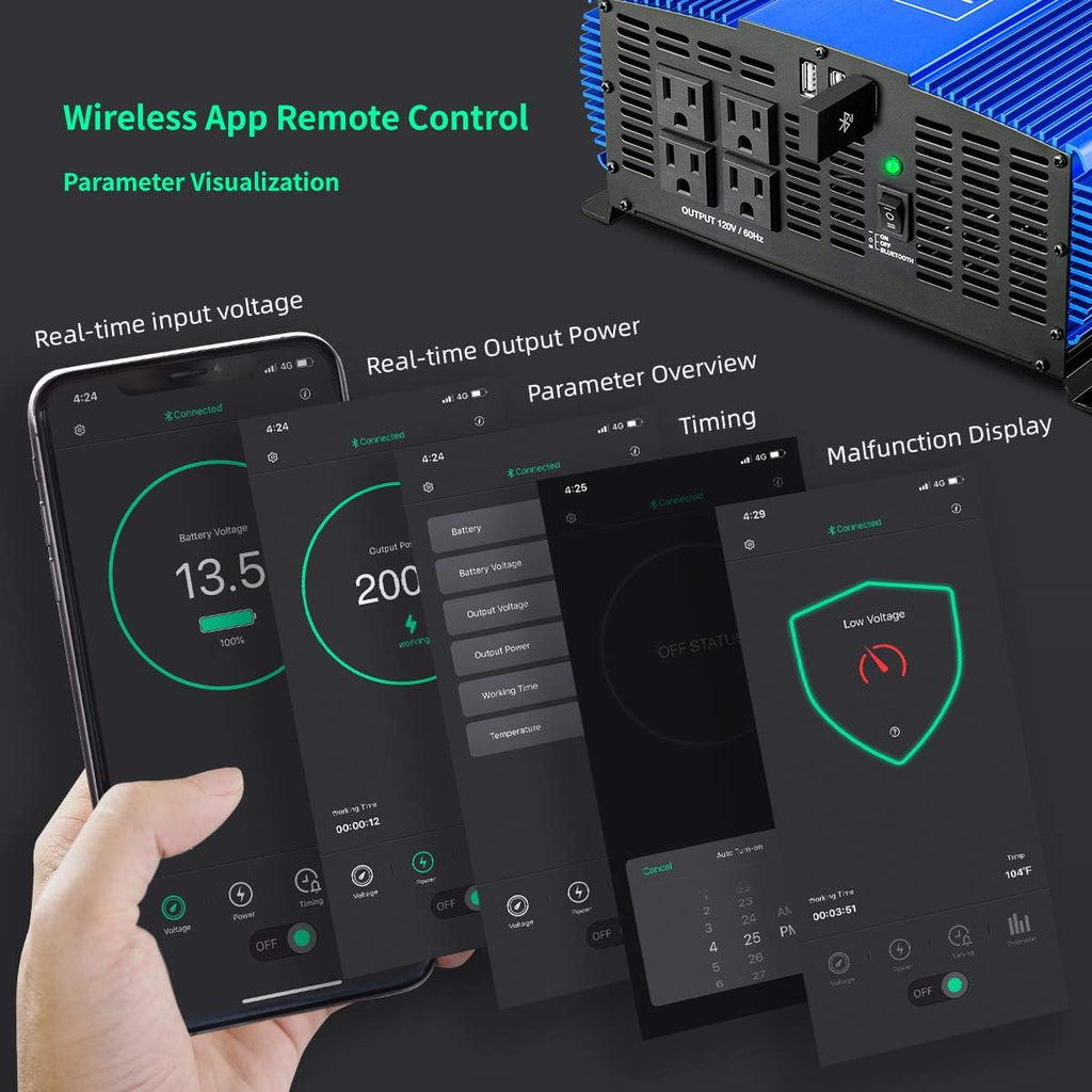 3000W Pure Sine Wave Power Inverter 12V DC to 110V AC Car Inverter with Bluetooth 4 AC Outlets 2 USB Ports E7407