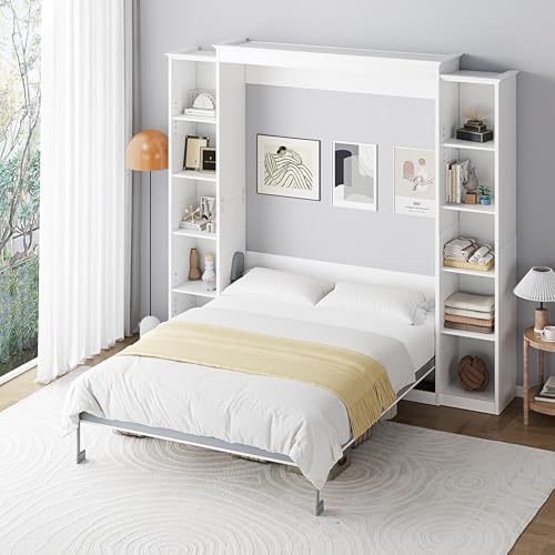 Queen Murphy Bed Cabinet with 5-Tier Adjustable Storage Shelves, Grey Wood Foldable Platform Bed O2627