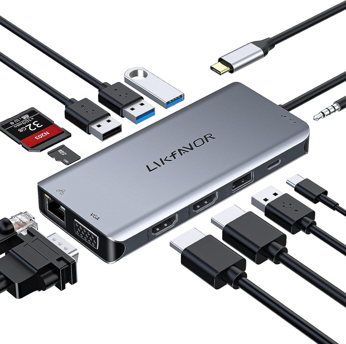 12-in-1 USB C Hub with Dual 4K HDMI, Ethernet, USB 3.0, SD Card Reader F9810