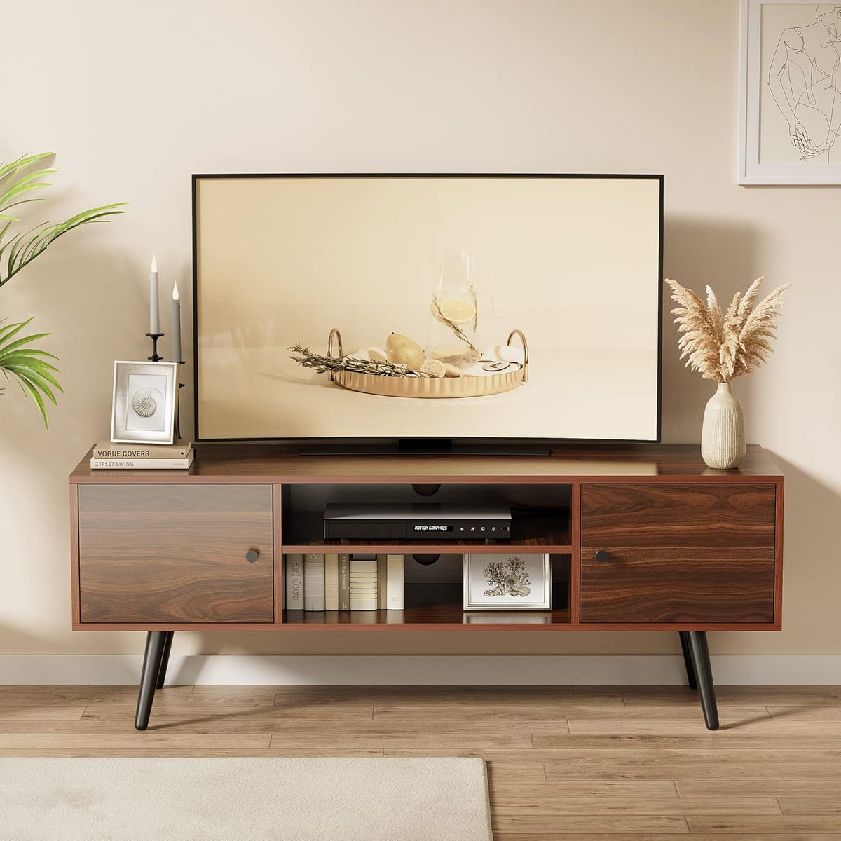 Mid-Century Modern TV Stand with Storage Cabinet and Open Shelves, Brown D639679