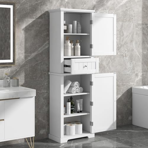 White Tall Bathroom Storage Cabinet with Drawer and Adjustable Shelf N210059
