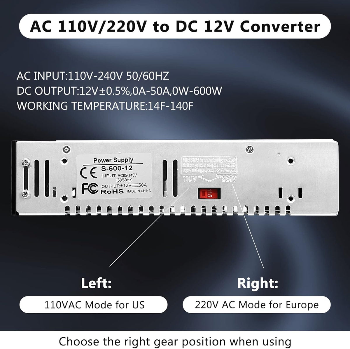 110V AC to 12V DC Converter Power Supply Adapter, 50A 600W, Pack of 2 Y178666