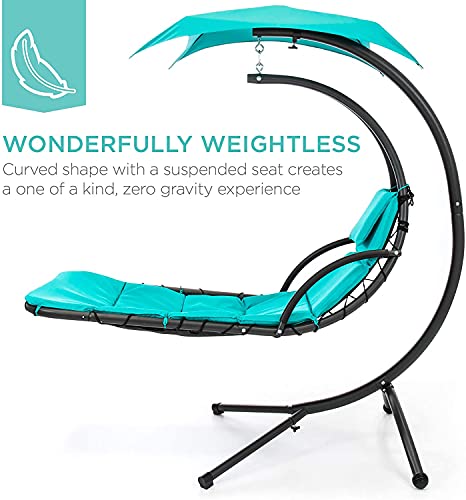 Teal Curved Steel Chaise Lounge Chair Swing with Built-in Pillow and Removable Canopy D322