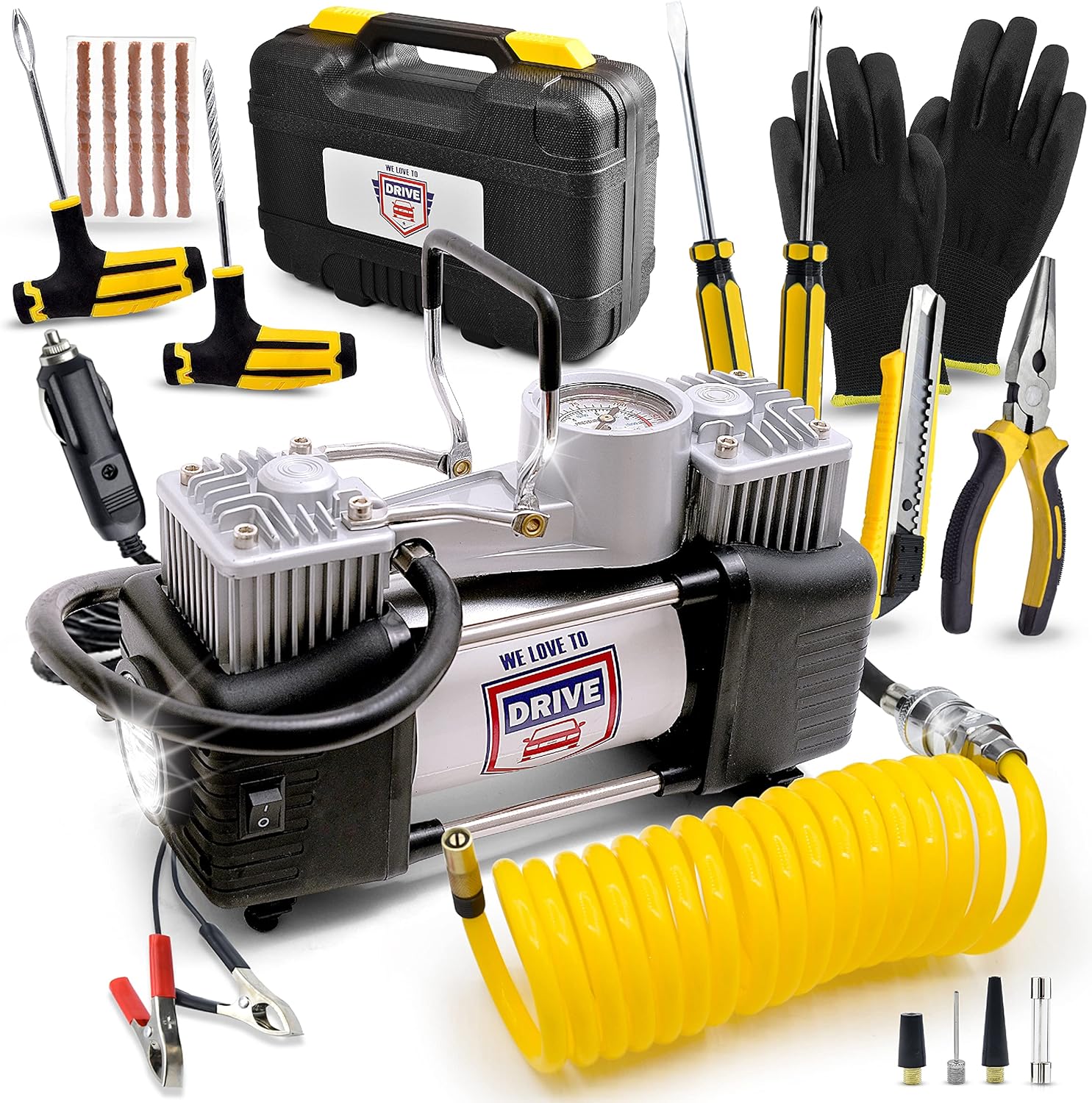 12V DC 150 PSI Portable Air Compressor & Tire Repair Kit with PSI Gauge, Adaptors, Hose, Car Plug, Clip Connectors, Tire Inflator & Tire Patch Kit I6765