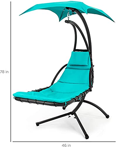 Teal Curved Steel Chaise Lounge Chair Swing with Built-in Pillow and Removable Canopy D322