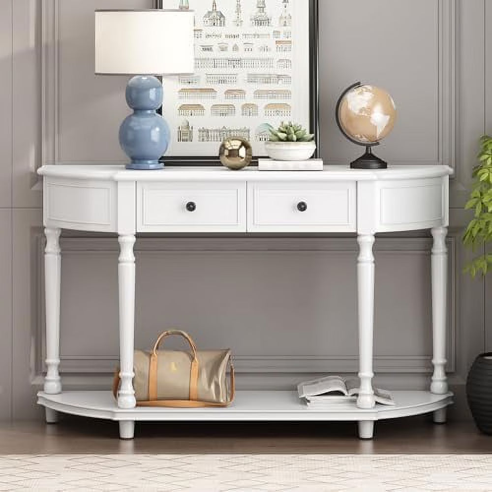 Antique White Wood Half Console Table with Drawers S823369