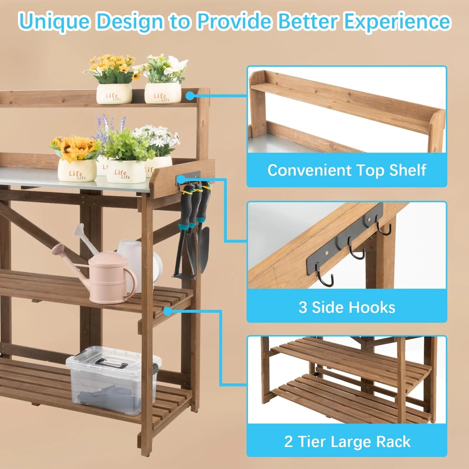 Folding Potting Bench Table with Galvanized Tabletop 2 Tier Storage Shelves E9672