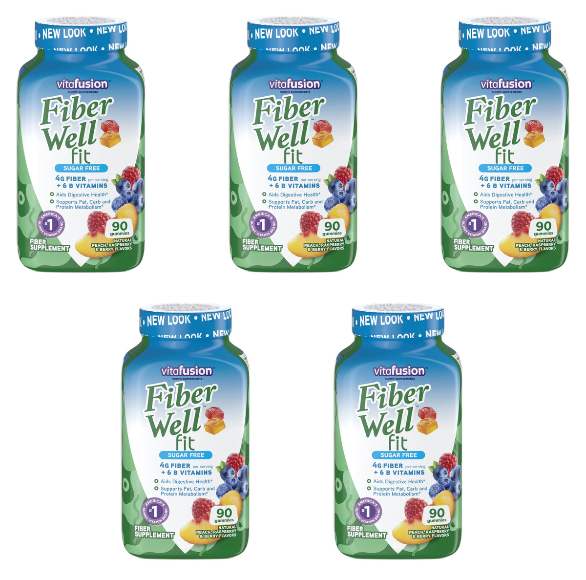 5 Pack Fiber + B Vitamin Gummies Peach/Berry, 90 Each H1550