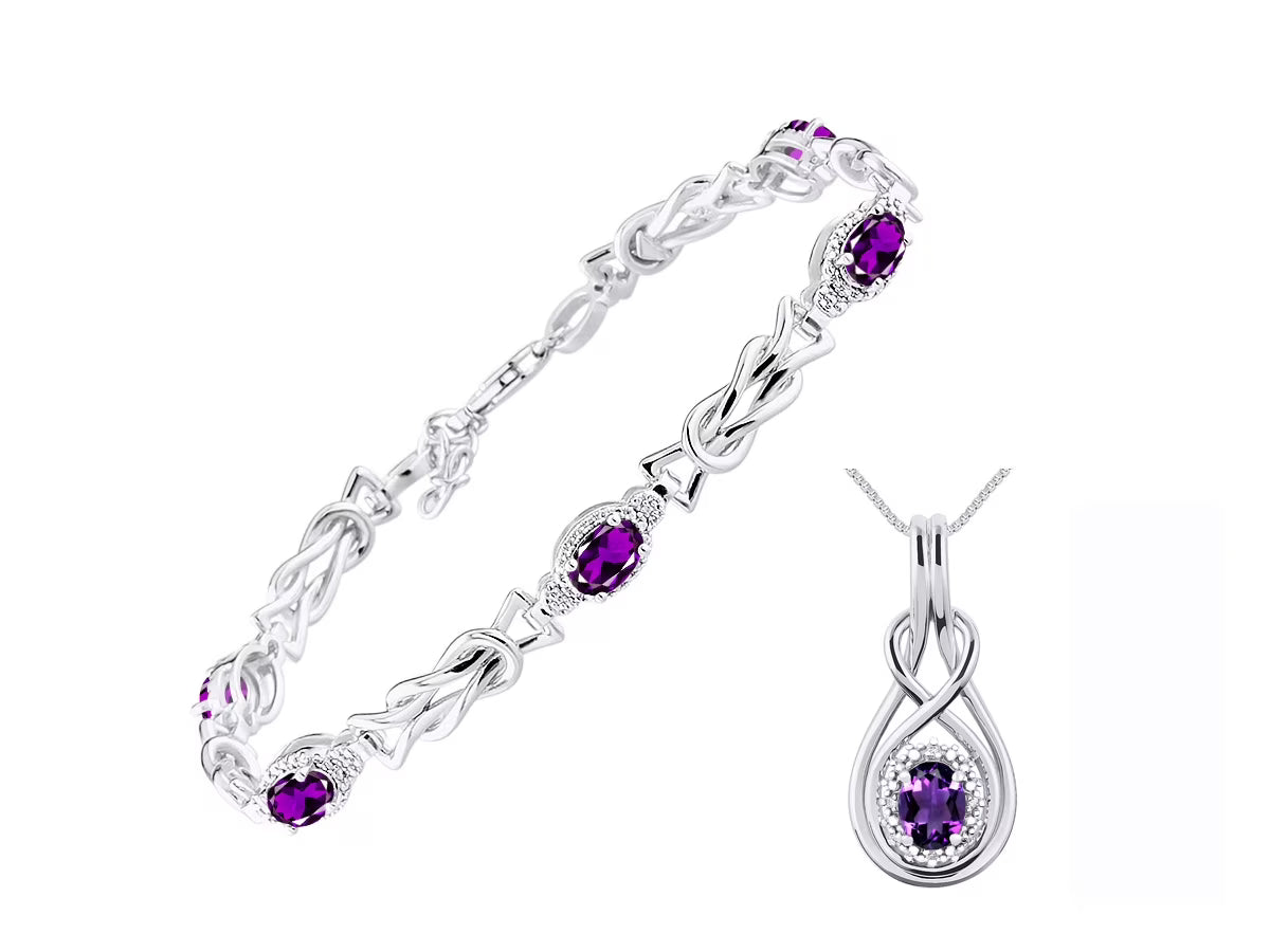 Sterling Silver Love Knot Tennis Bracelet & Pendant Necklace with Diamonds Adjustable 7"-8" Wrist & 18" Chain Amethyst G106789