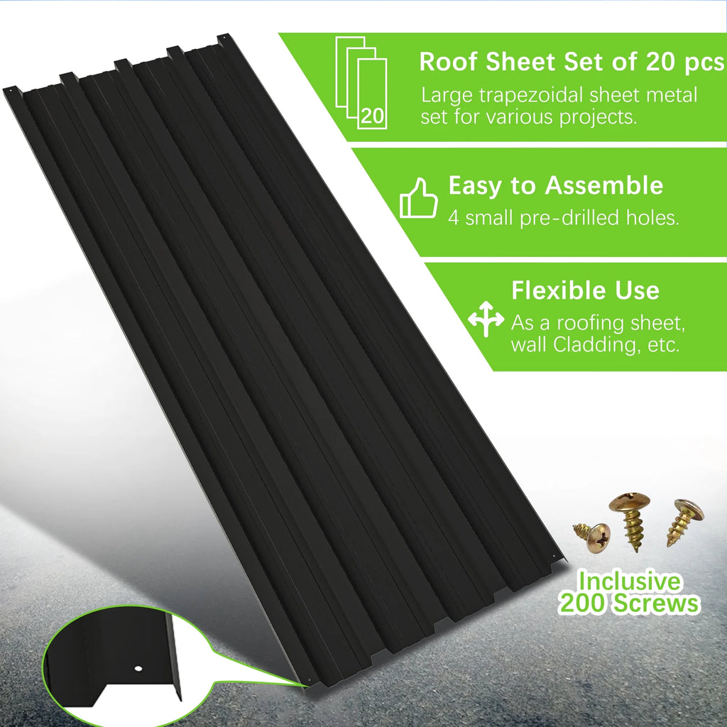 20 Pcs Galvanized Metal Roof Panels Roofing Sheets, Black B43929
