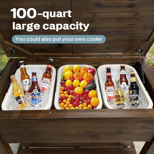 100-Quart Wooden Patio Cooler with Wheels T833322