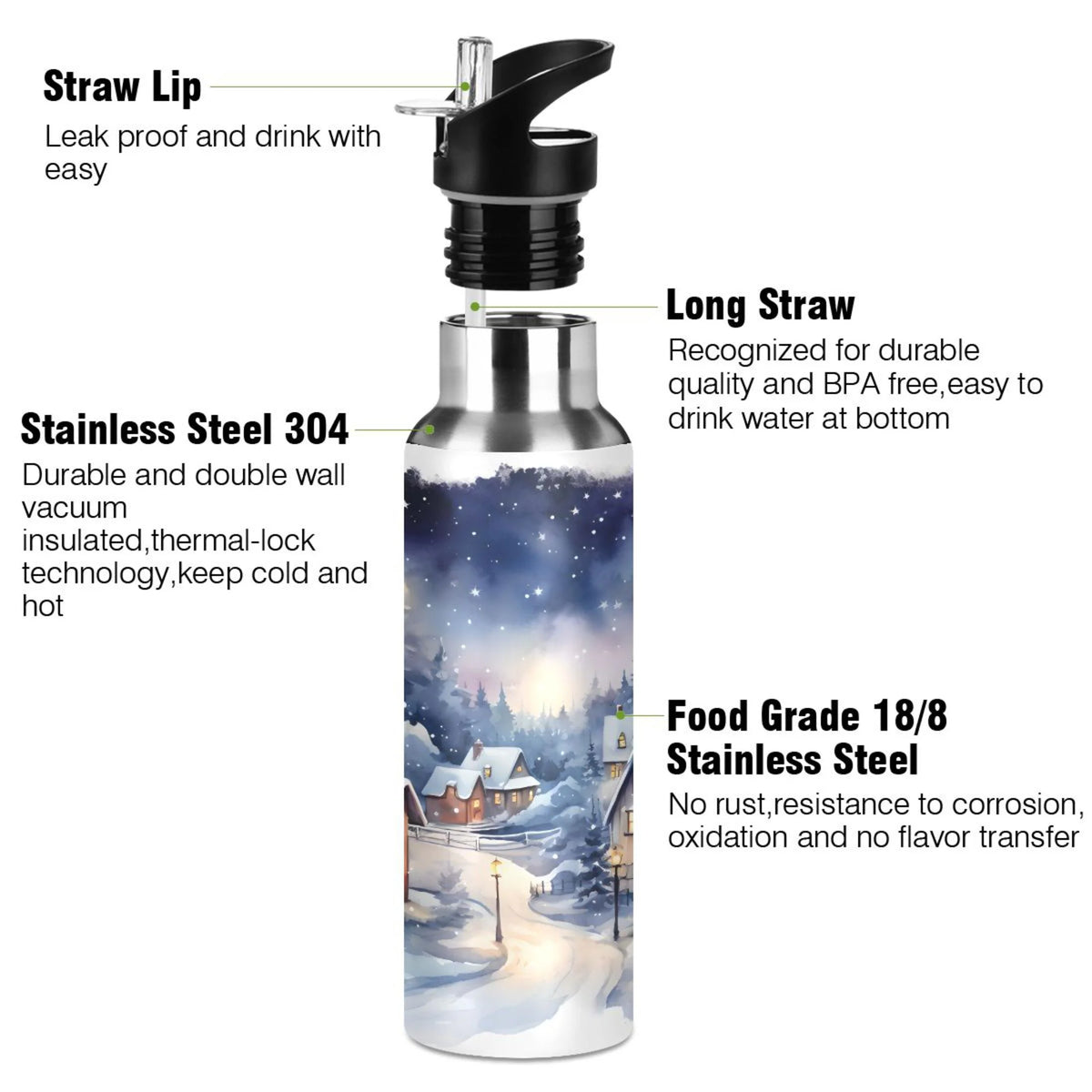 Stainless Steel Insulated Thermos Vacuum Flask Water Bottle with Straw Lid N1580