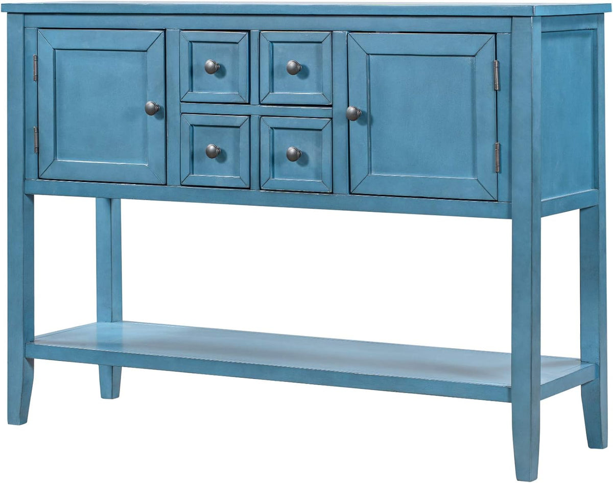 Retro Wood Console Table with 4 Storage Drawers, 2 Cabinets & Bottom Shelf, Antique Gray T59951