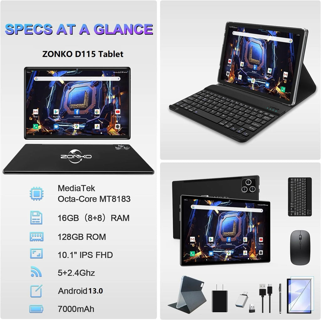 10 Inch Android Tablet with Keyboard, 128GB ROM + 16GB RAM, Octa-Core Processor Y175346