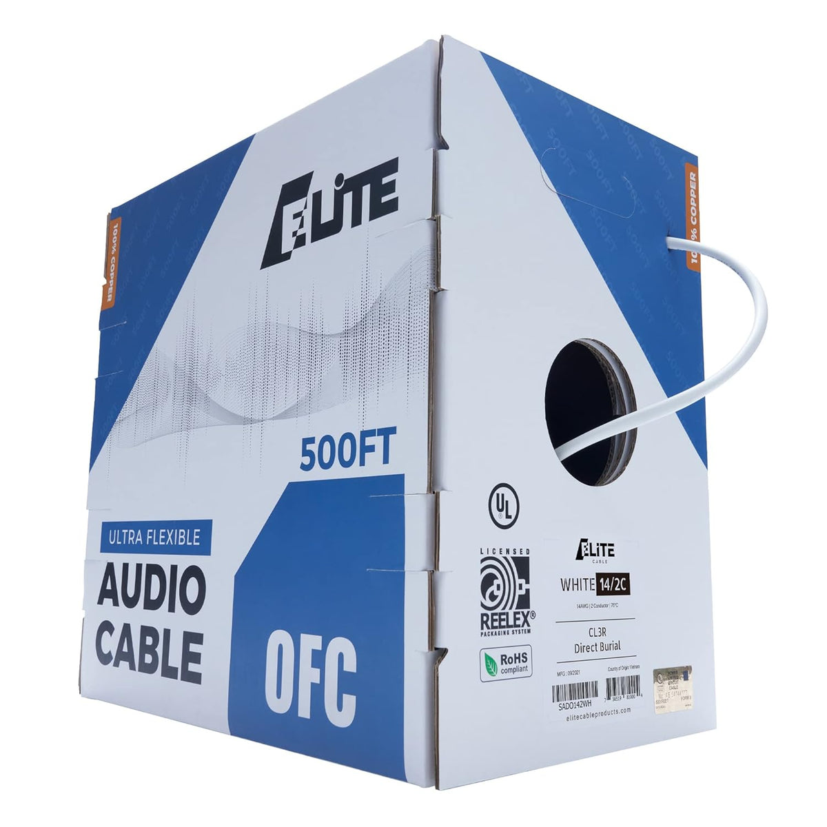 14AWG 4-Conductor 100ft White Oxygen Free Pure Bare Copper Speaker Wire Cable W202124