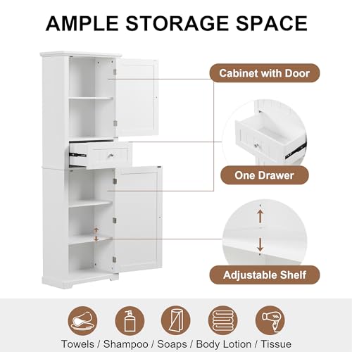 White Tall Bathroom Storage Cabinet with Drawer and Adjustable Shelf N210059
