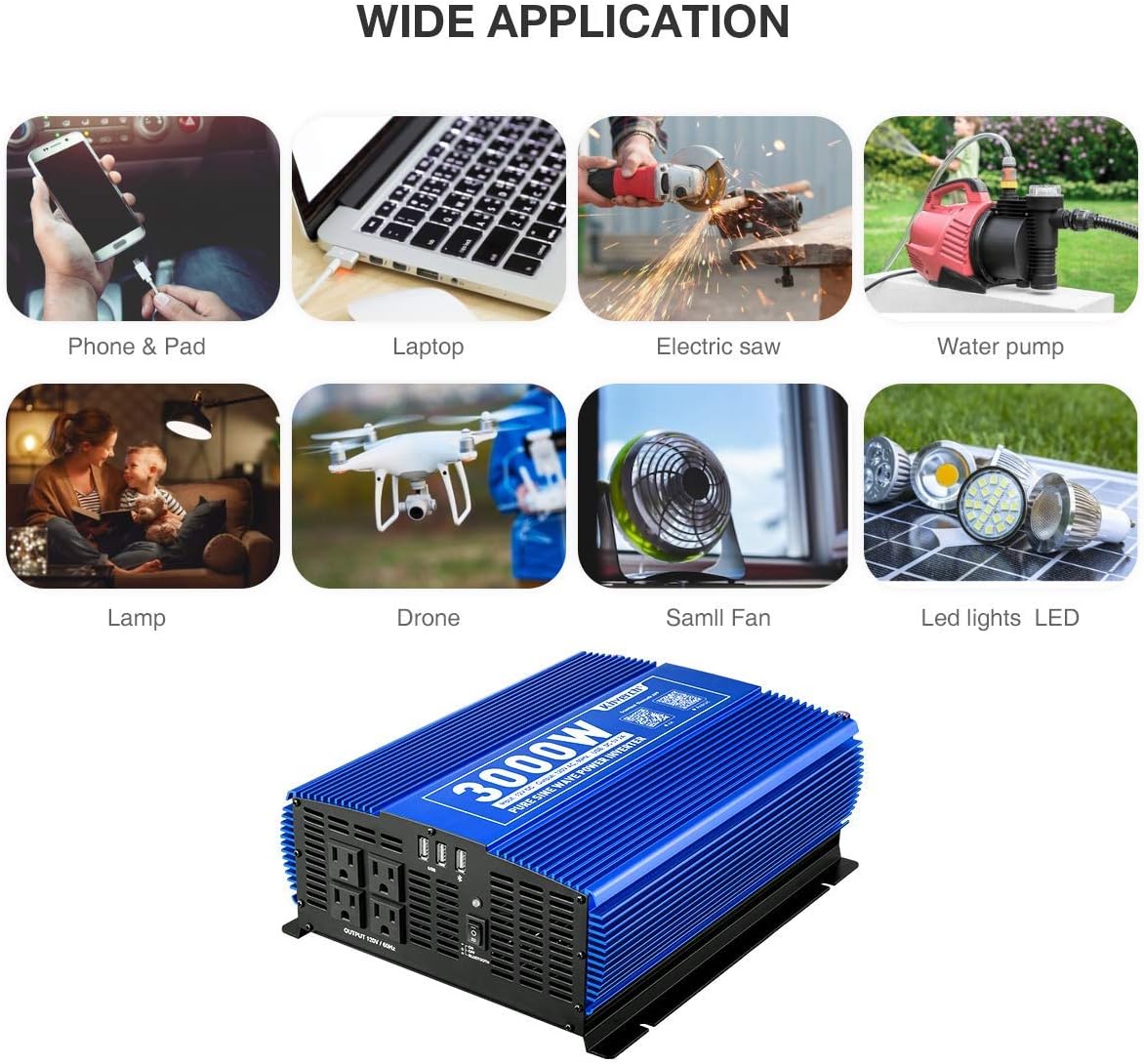 3000W Pure Sine Wave Power Inverter 12V DC to 110V AC Car Inverter with Bluetooth 4 AC Outlets 2 USB Ports E7407