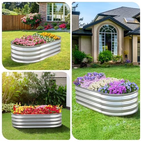 Galvanized Raised Garden Bed Planter Boxes, Large Oval Metal, Silver B43655