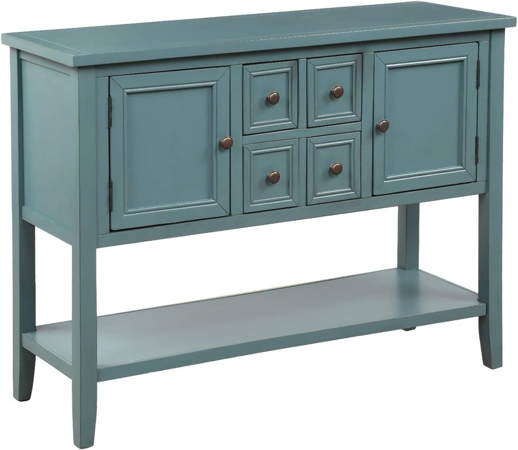 Retro Wood Console Table with 4 Storage Drawers, 2 Cabinets & Bottom Shelf, Antique Gray T59951