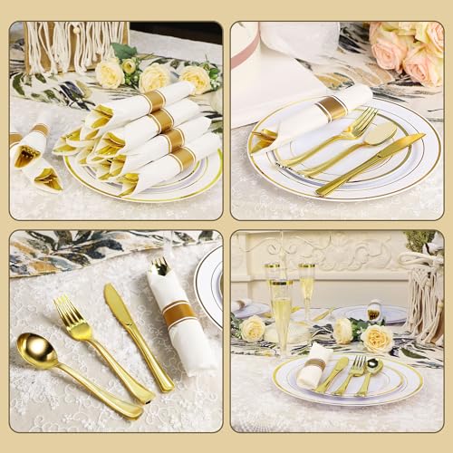 350PCS Gold Plastic Dinnerware Set with 100 Plates, 50 Cups, 50 Spoons, 50 Forks, 50 Knives E8126