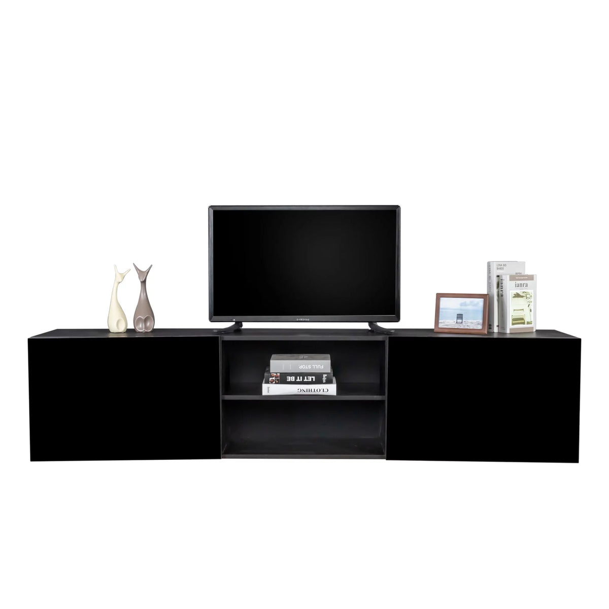 Floating TV Stand with Shelf and Clamshell Doors V131