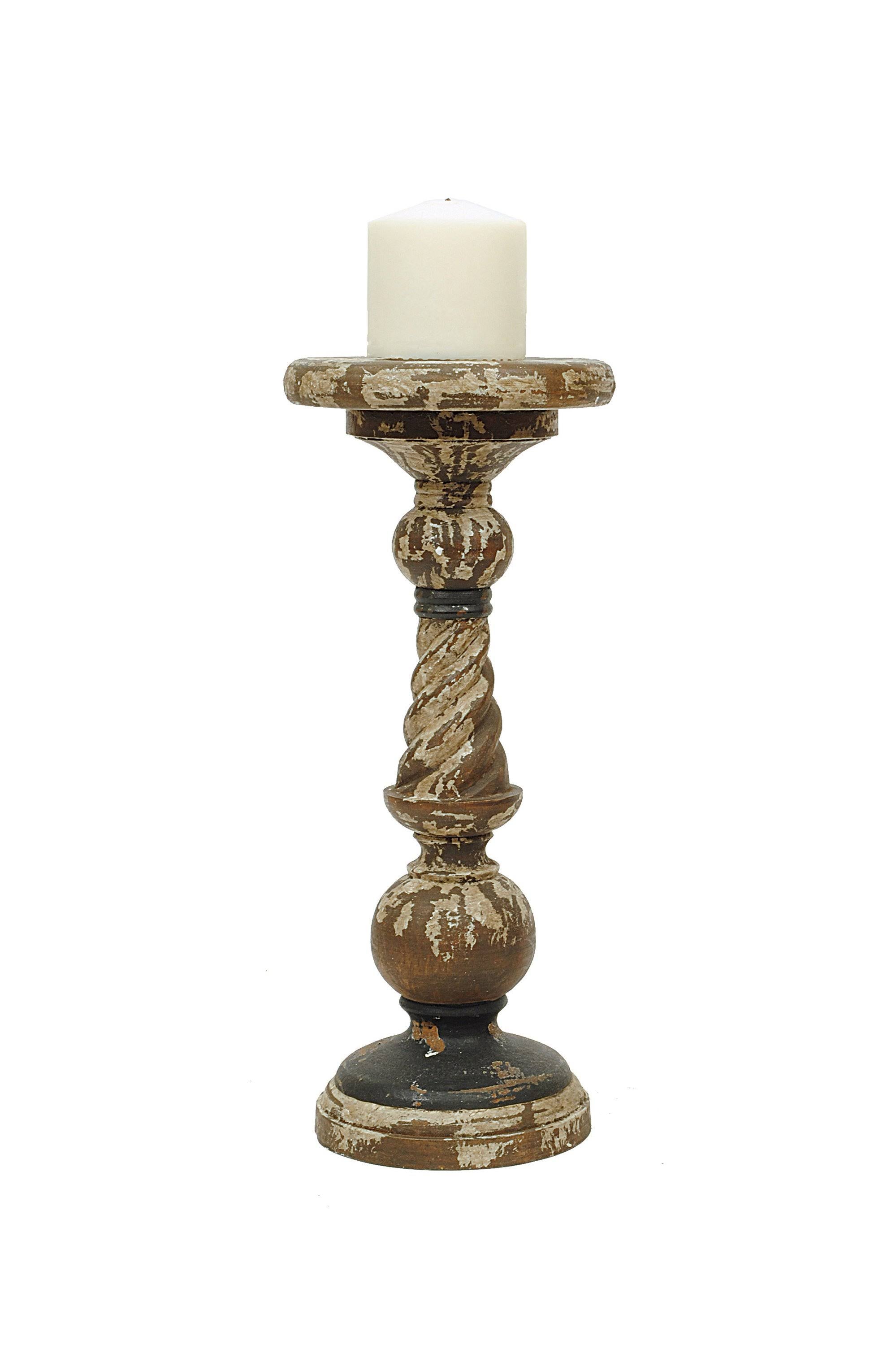 Distressed Black Turned Wood Pillar Candleholder E18854