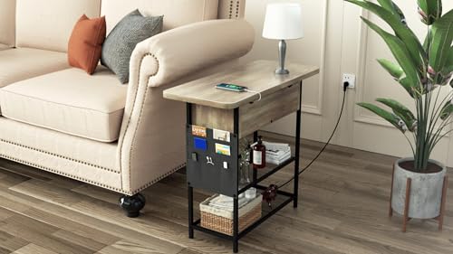 Rustic Brown Narrow Side Table with USB C Ports and Outlets and Drawers V77215
