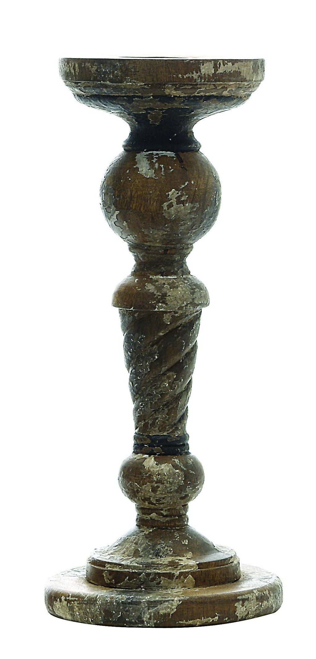 Distressed Black Turned Wood Pillar Candleholder E18854