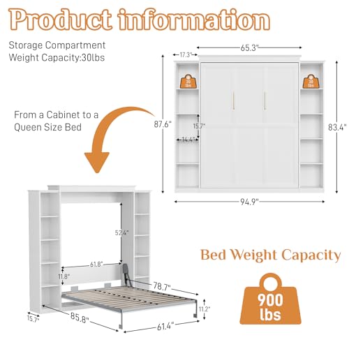 Queen Murphy Bed Cabinet with 5-Tier Adjustable Storage Shelves, Grey Wood Foldable Platform Bed O2627