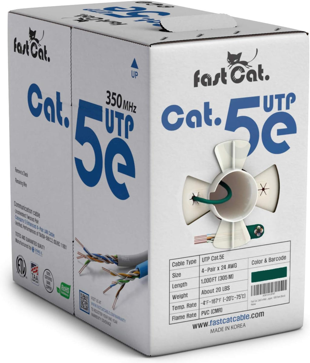 Cat5e Ethernet Cable 1000ft - 24 AWG CMR Insulated Bare Copper Wire UTP LAN Cable O362707