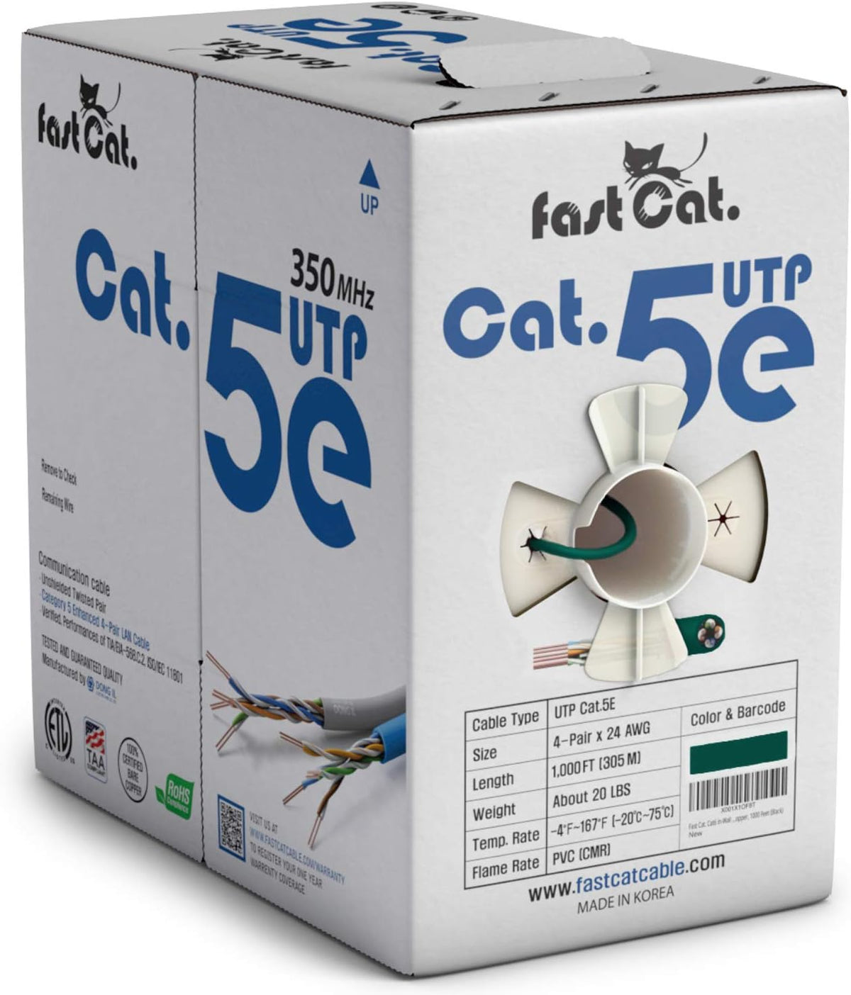 Cat5e Ethernet Cable 1000ft - 24 AWG CMR Insulated Bare Copper Wire UTP LAN Cable O362707
