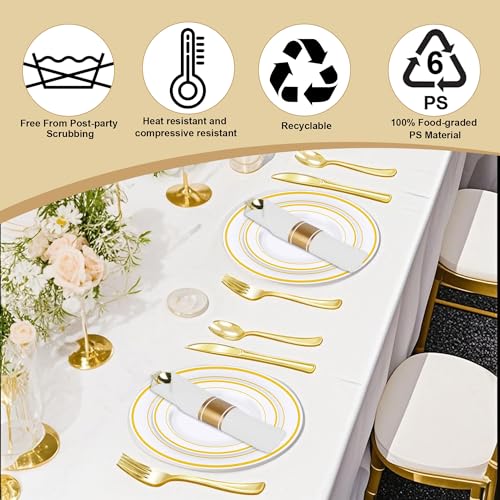 350PCS Gold Plastic Dinnerware Set with 100 Plates, 50 Cups, 50 Spoons, 50 Forks, 50 Knives E8126