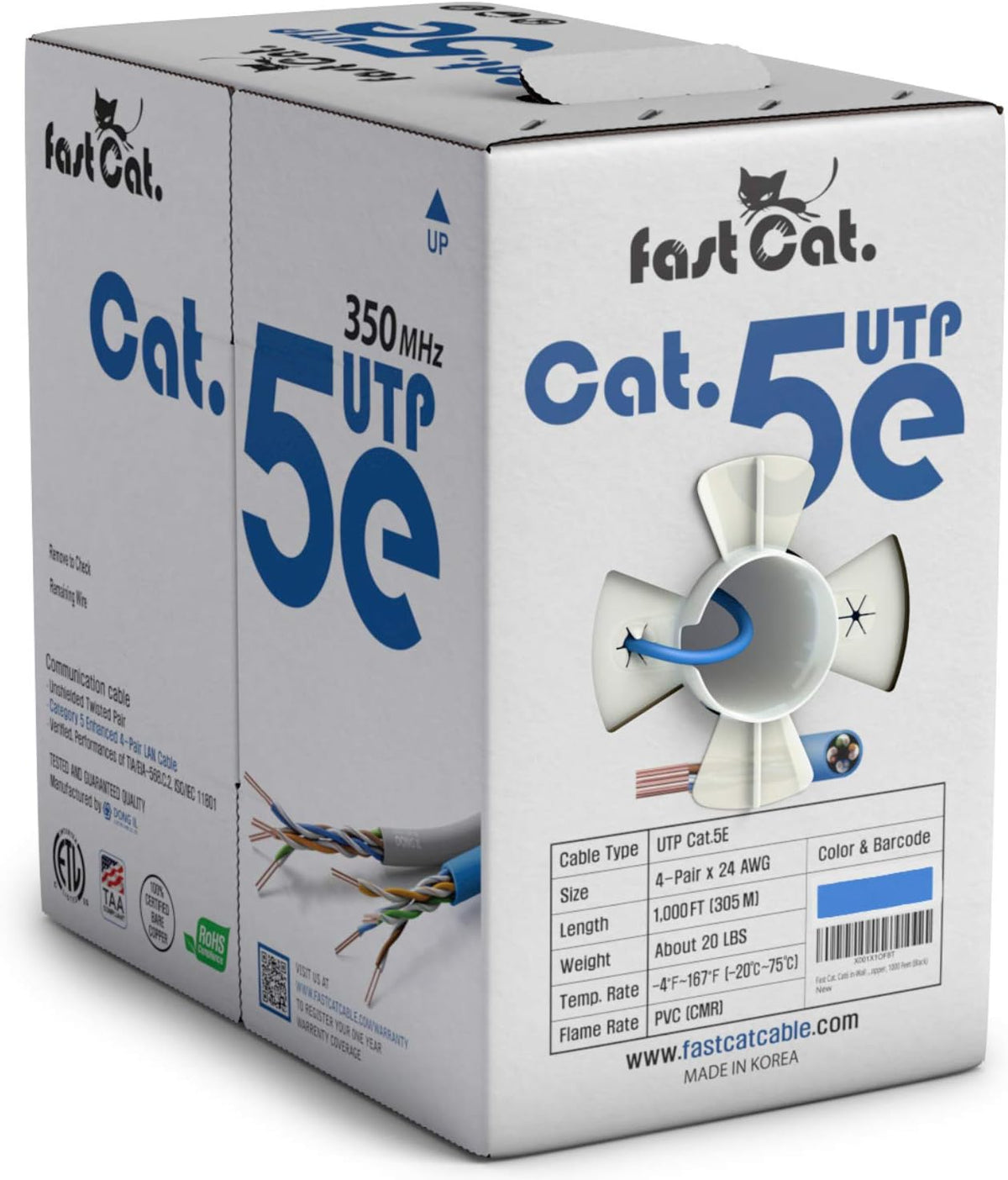 Cat5e Ethernet Cable 1000ft - 24 AWG CMR Insulated Bare Copper Wire UTP LAN Cable O362707