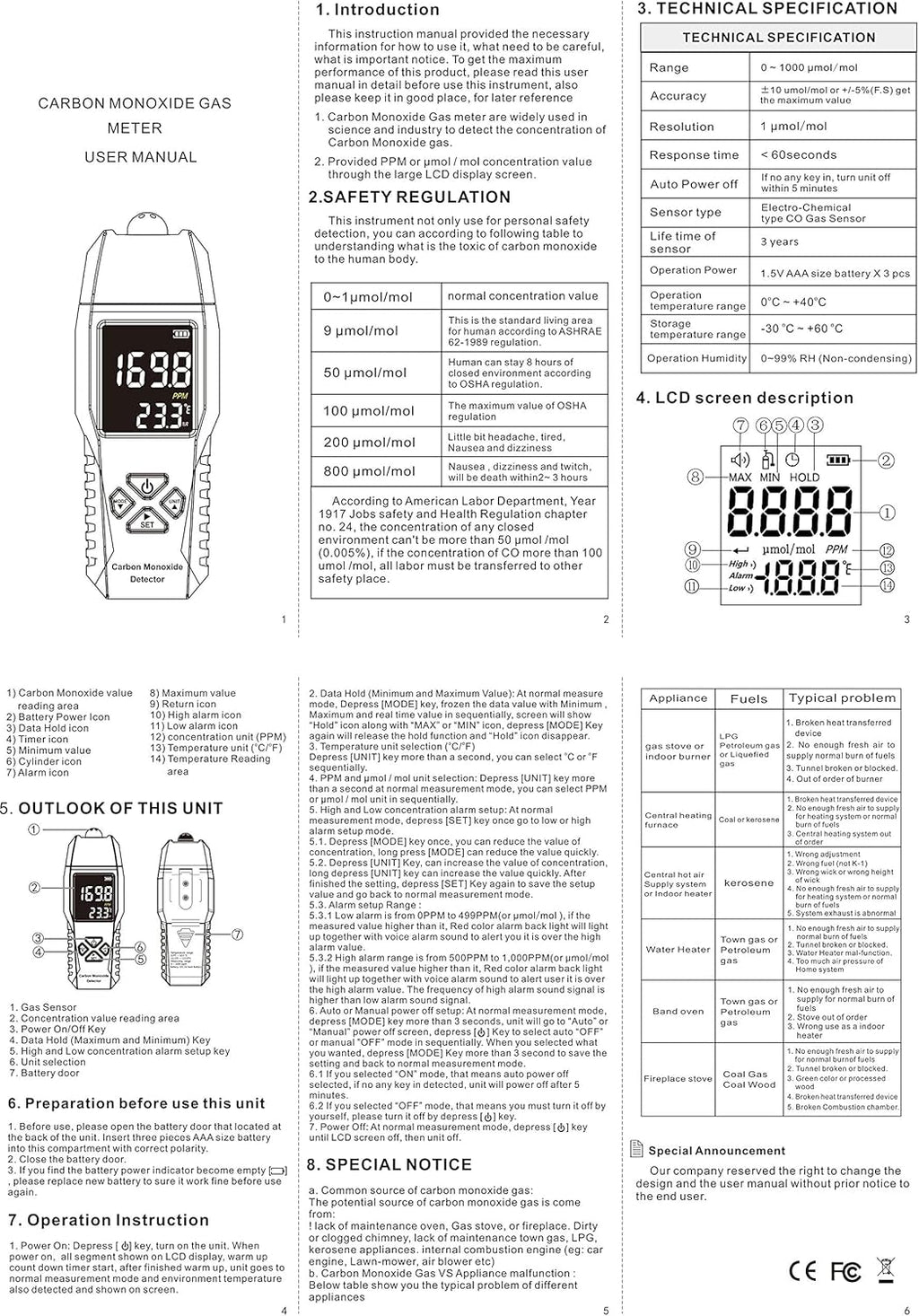Handheld Carbon Monoxide Detector 0-1000ppm Pack of 2 Z895