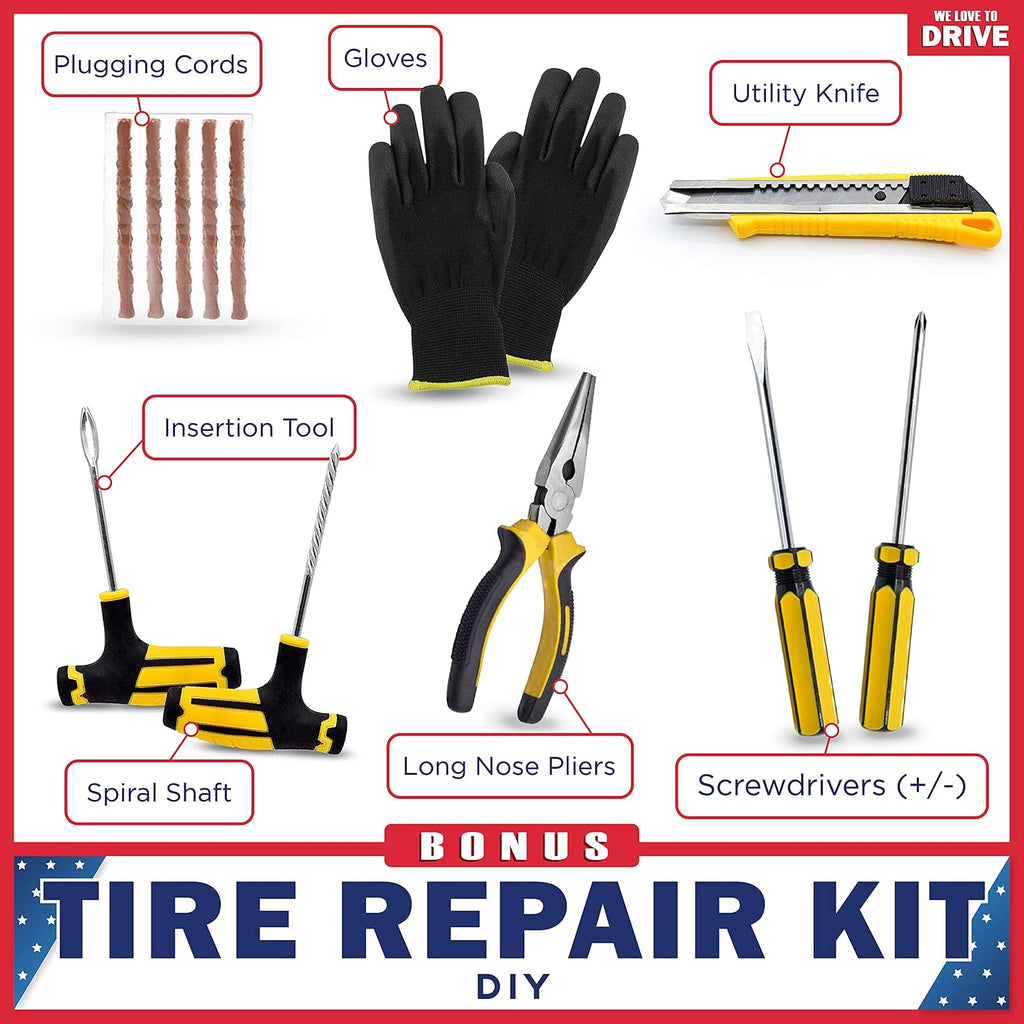 12V DC 150 PSI Portable Air Compressor & Tire Repair Kit with PSI Gauge, Adaptors, Hose, Car Plug, Clip Connectors, Tire Inflator & Tire Patch Kit I6765