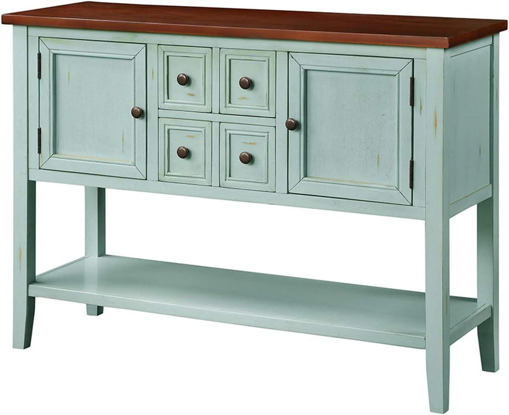 Retro Wood Console Table with 4 Storage Drawers, 2 Cabinets & Bottom Shelf, Antique Gray T59951