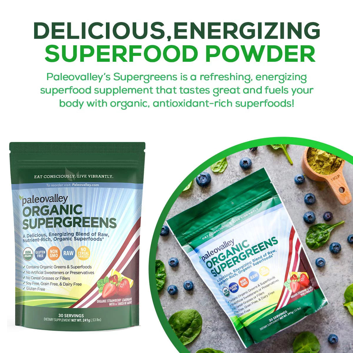 Organic Supergreens Raw Green Superfood Powder 30 Servings G4931