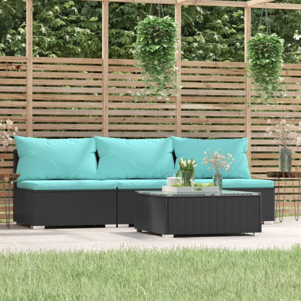 4 Piece Patio Furniture Set with Cushions Black Poly Rattan B4586