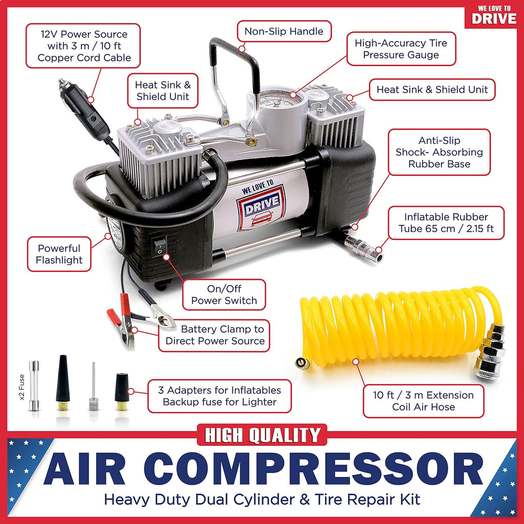 12V DC 150 PSI Portable Air Compressor & Tire Repair Kit with PSI Gauge, Adaptors, Hose, Car Plug, Clip Connectors, Tire Inflator & Tire Patch Kit I6765