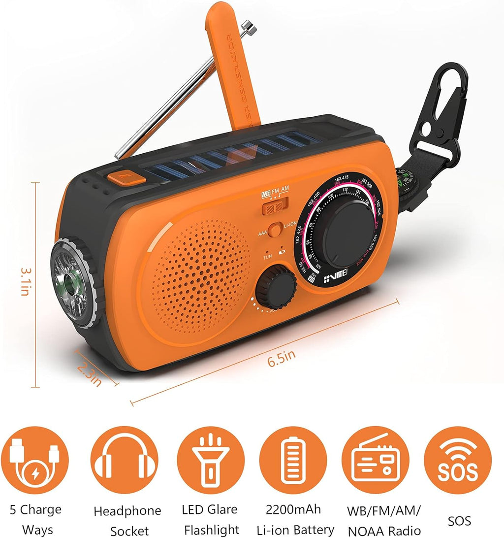 2200mAh Portable Hand Crank Solar Emergency Weather Radio, NOAA/AM/FM, Power Bank, Flashlight, Orange, Pack of 2 G471342