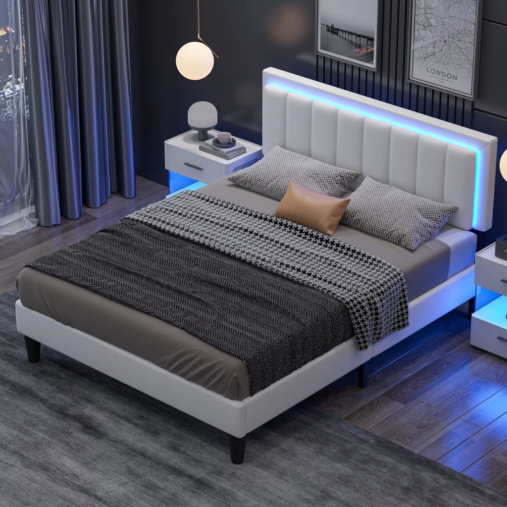 White Full Size Upholstered Platform Bed Frame with PU Faux Leather Headboard L679