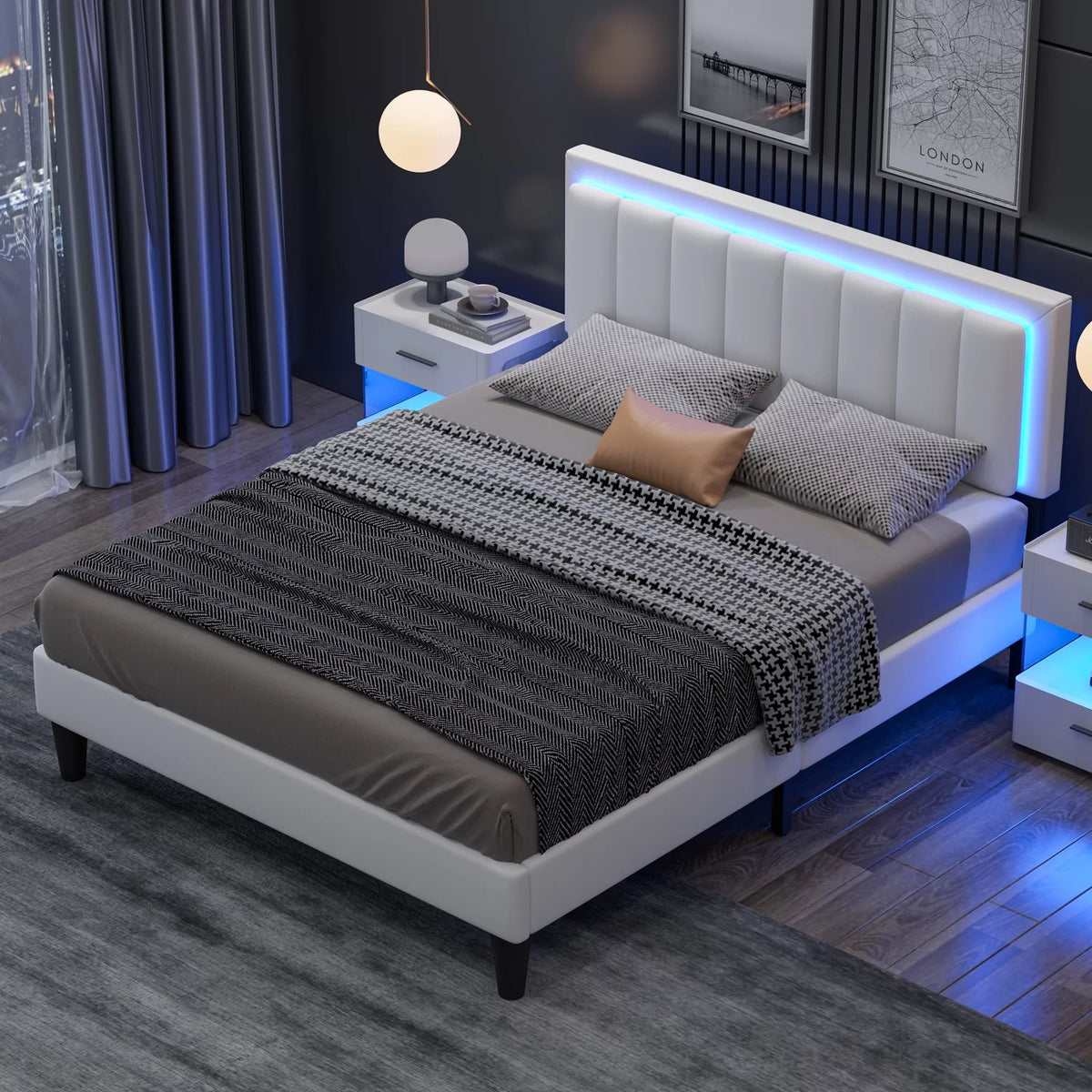 White Full Size Upholstered Platform Bed Frame with PU Faux Leather Headboard L679