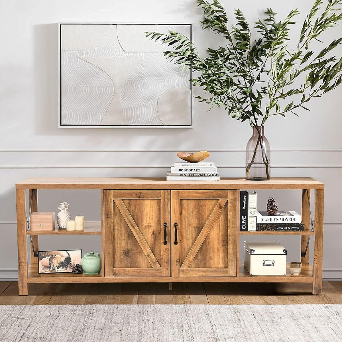 Rustic Oak TV Stand with Storage Cabinets and Shelves M74989